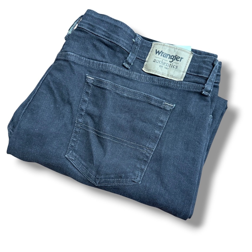 Wrangler Authentics Mens Black Denim Jeans 42x28 Straight Fit Dark Wash Classic‎